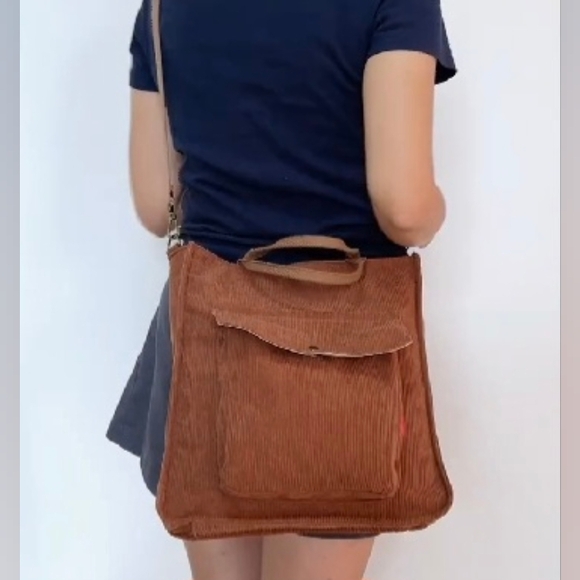 Vintage Retro Urban Chic Brown Chestnut Corduroy Crossbody Bag Minimalist Tote - Picture 4 of 16